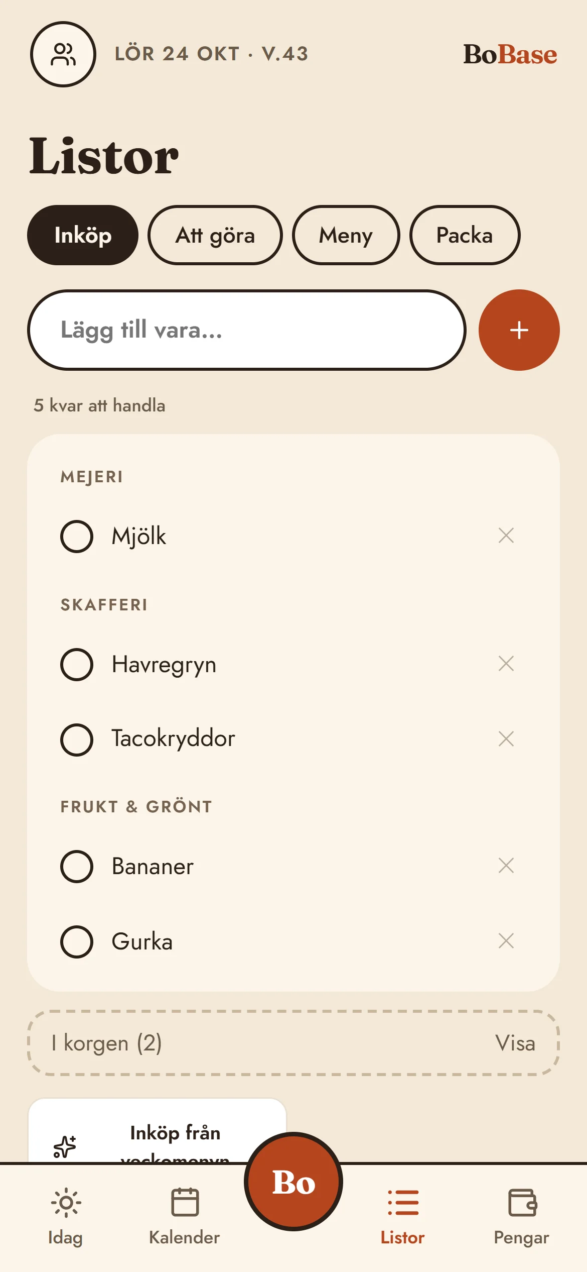 Inköpslistan sorterad efter avdelning.